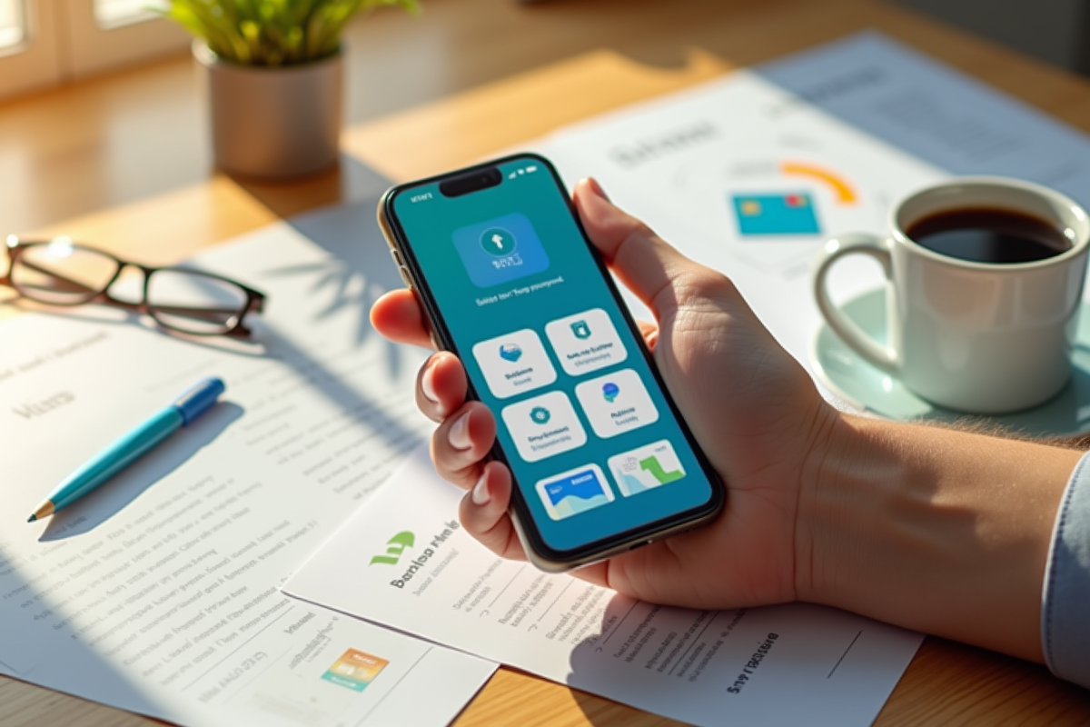Main tenant un smartphone avec applications bancaires sur un bureau lumineux