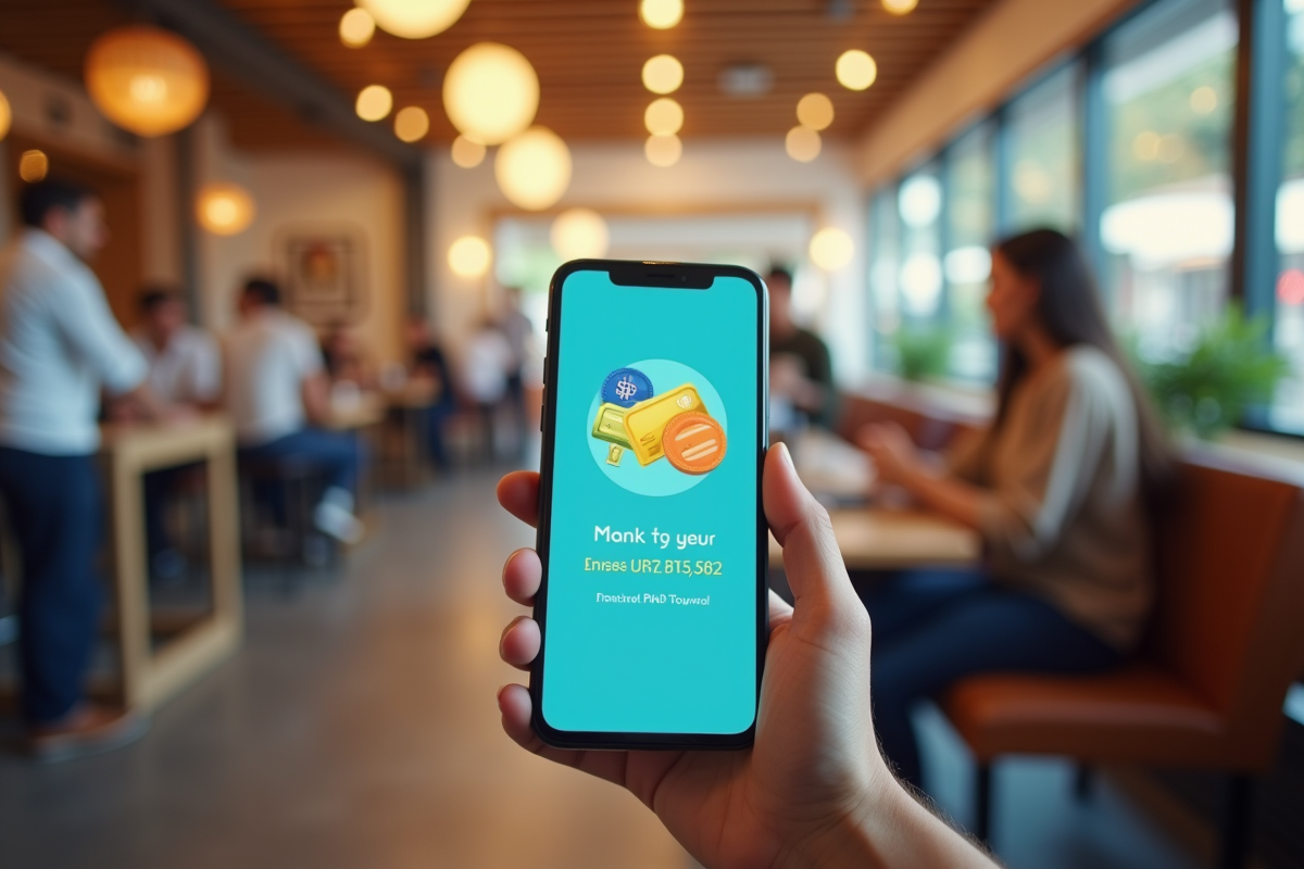 Main tenant un smartphone affichant une application fintech en paiement