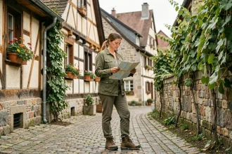 Randonneuse consultant une carte dans un village alsacien typique avec colombages et ruelles pavées désertes