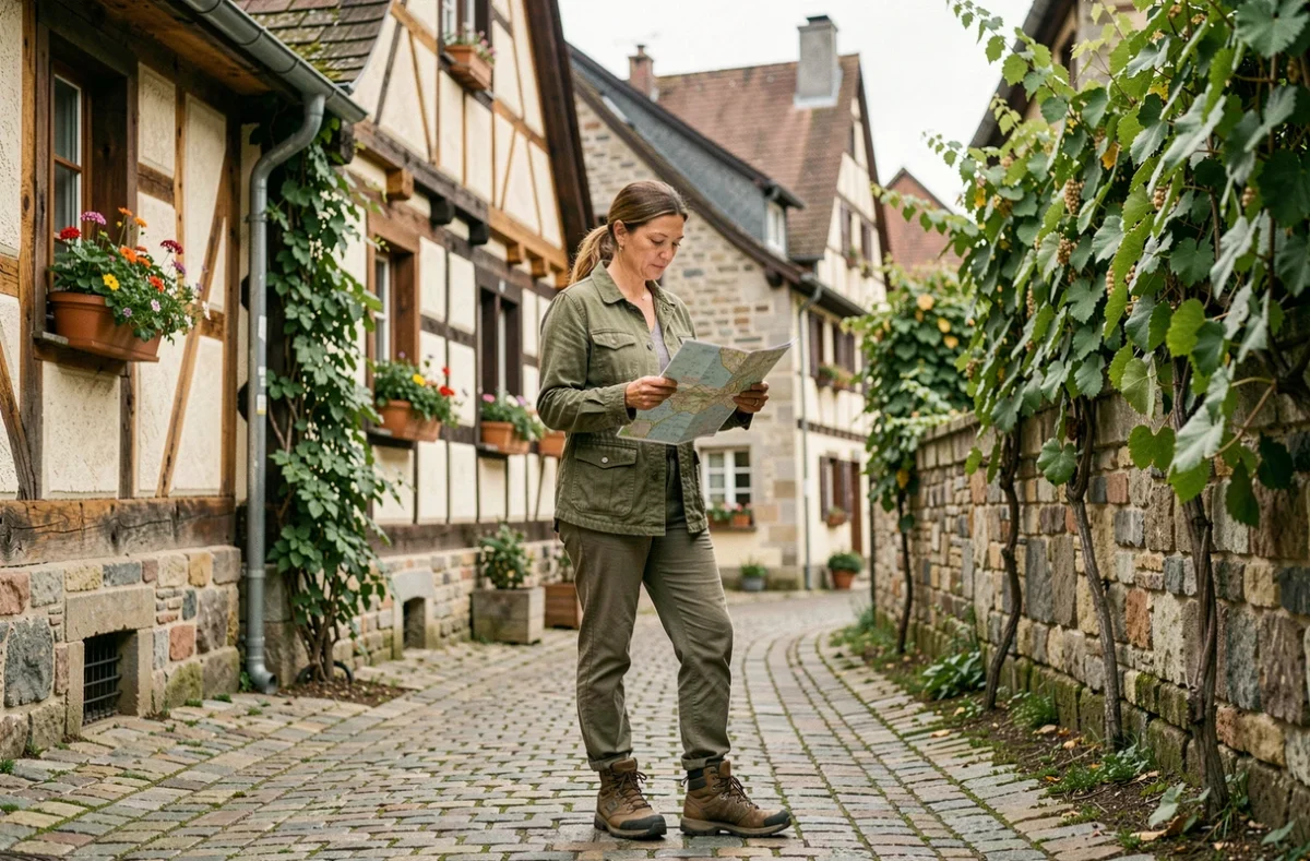 Randonneuse consultant une carte dans un village alsacien typique avec colombages et ruelles pavées désertes