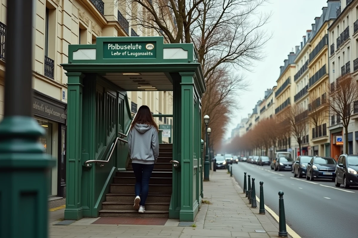 Sortie de station de métro ligne 7 en banlieue parisienne avec panneau indiquant Villejuif Louis Aragon