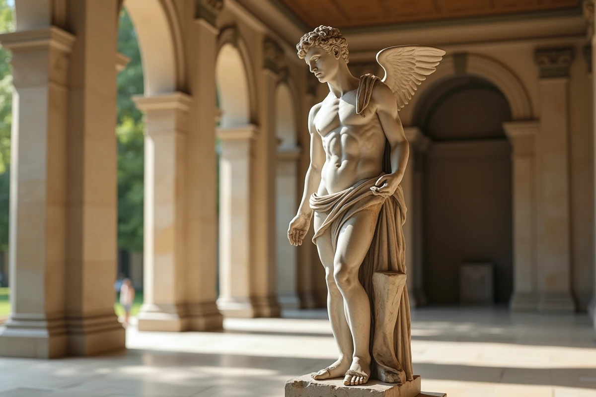 Statue de marbre d'Hermès, messager des dieux, exposée dans une galerie de musée classique