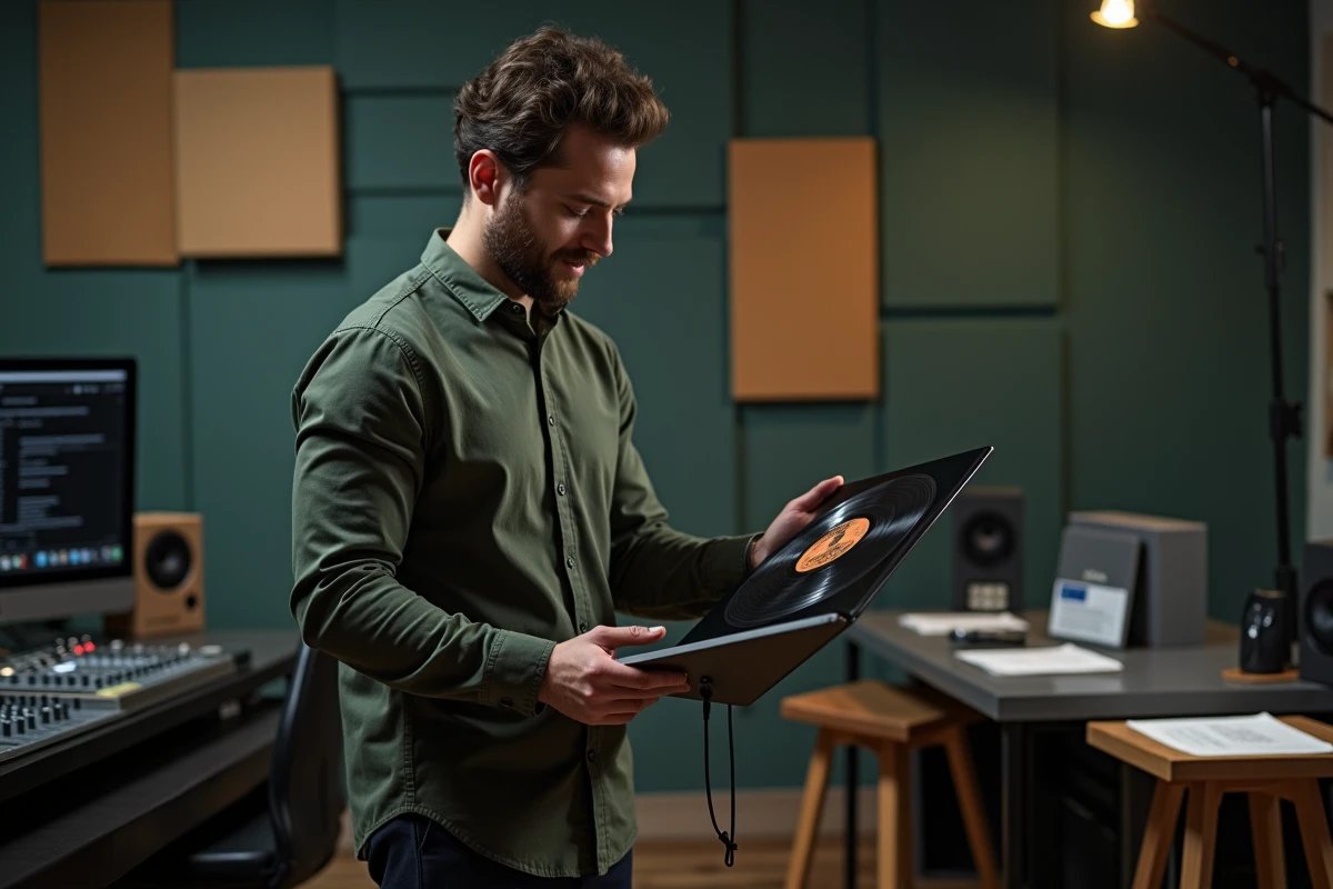 Homme dans un studio de musique tenant un vinyle de Mika et consultant des paroles bilingues sur un ordinateur portable