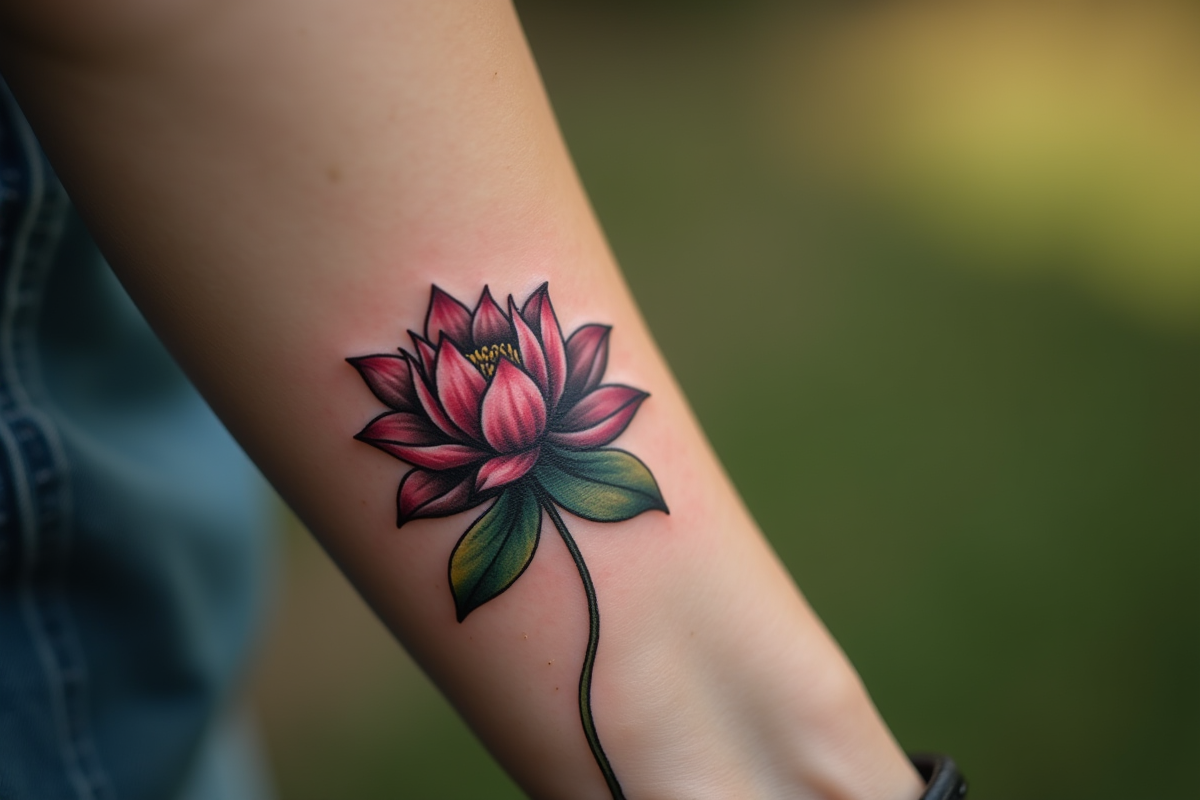 Premier plan d'un tatouage lotus sur le bras en extérieur