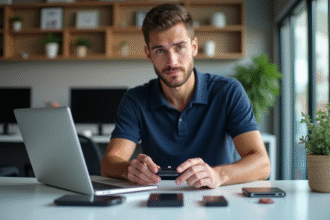Jeune technicien informatique comparant des dispositifs de stockage