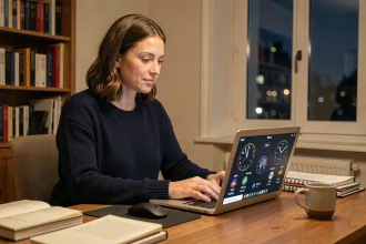 Femme en télétravail consultant un convertisseur de fuseaux horaires sur son ordinateur à 22h heure française dans un appartement parisien