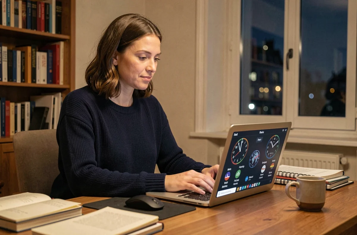 Femme en télétravail consultant un convertisseur de fuseaux horaires sur son ordinateur à 22h heure française dans un appartement parisien