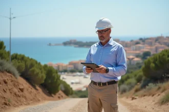 Ingénieur topographe avec tablette devant site côtier