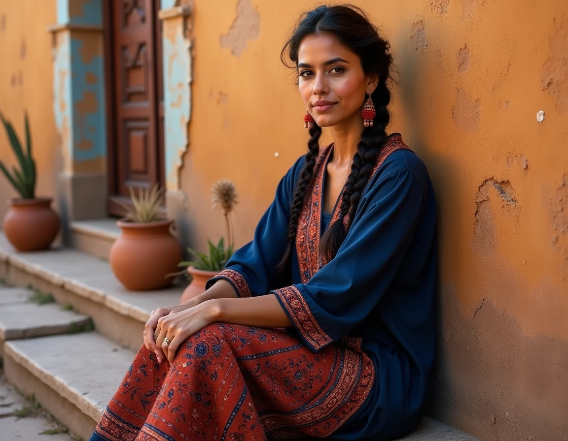 Femme portant un vêtement brodé traditionnel mexicain, assise devant un mur colonial peint, illustrant les traditions culturelles et la reconnaissance de l'autre dans Trois Mexique de Le Clézio