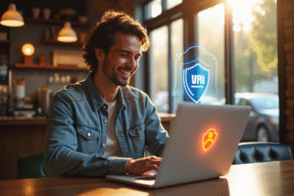 Personne souriante utilisant un ordinateur portable dans un café lumineux