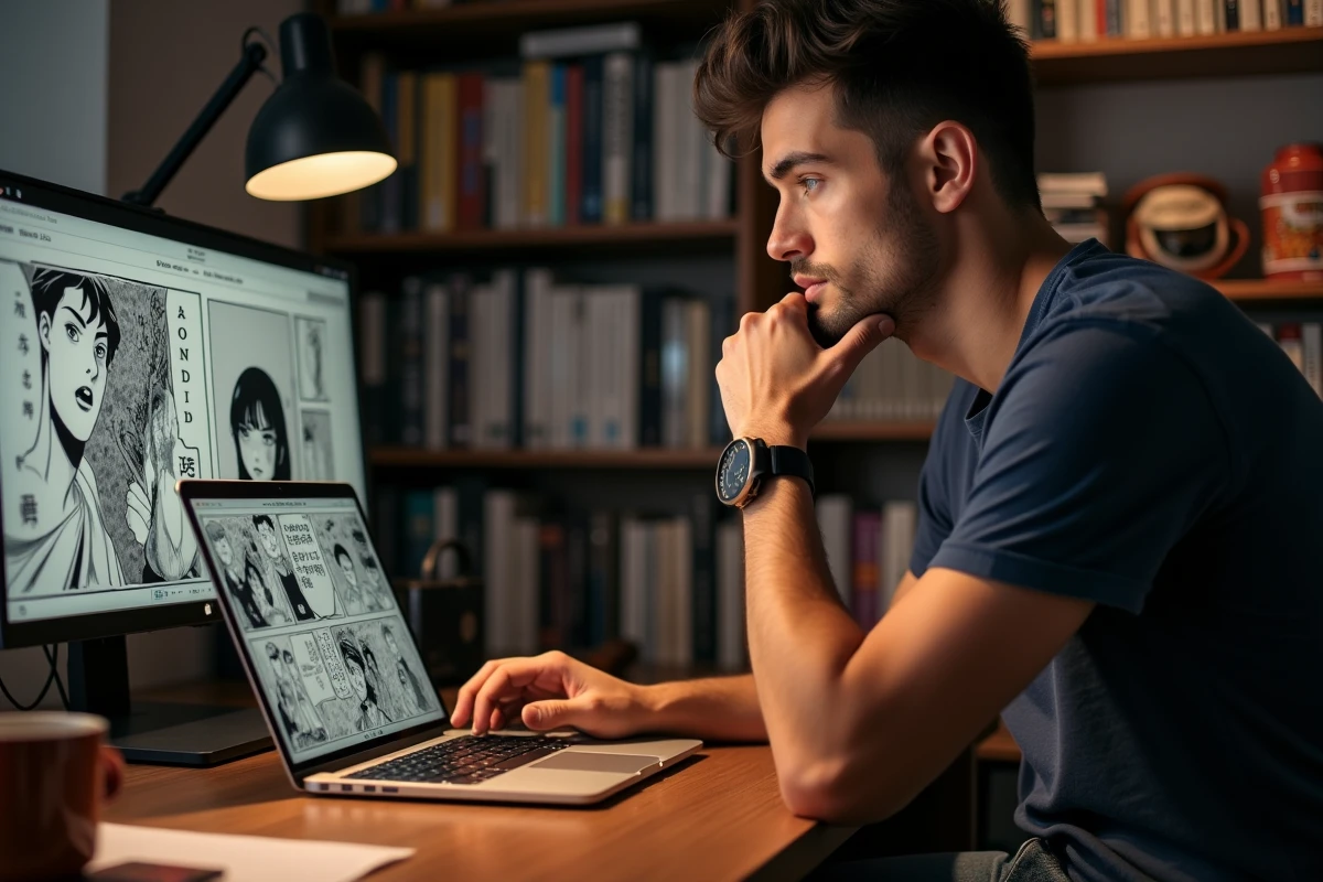 Homme consultant un site de lecture de scans manga sur ordinateur portable dans un bureau à domicile, expérience utilisateur et qualité de lecture