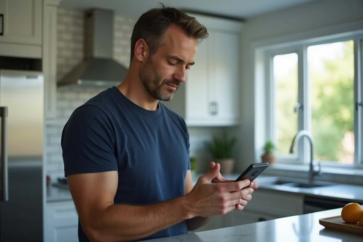 Homme consultant un site de marketplace sur smartphone en cuisine, soulignant la prudence lors d'achats en ligne