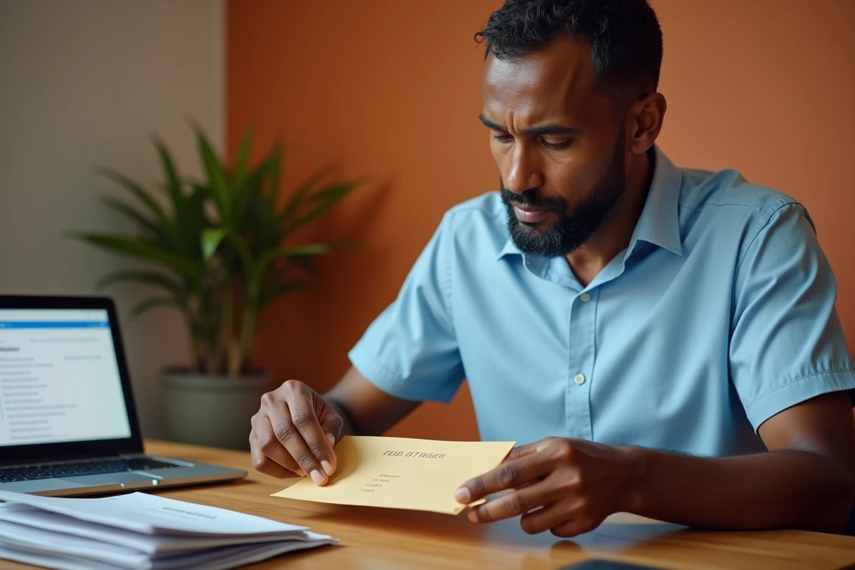 Homme mauricien vérifiant un code postal sur une enveloppe postale à son bureau à domicile
