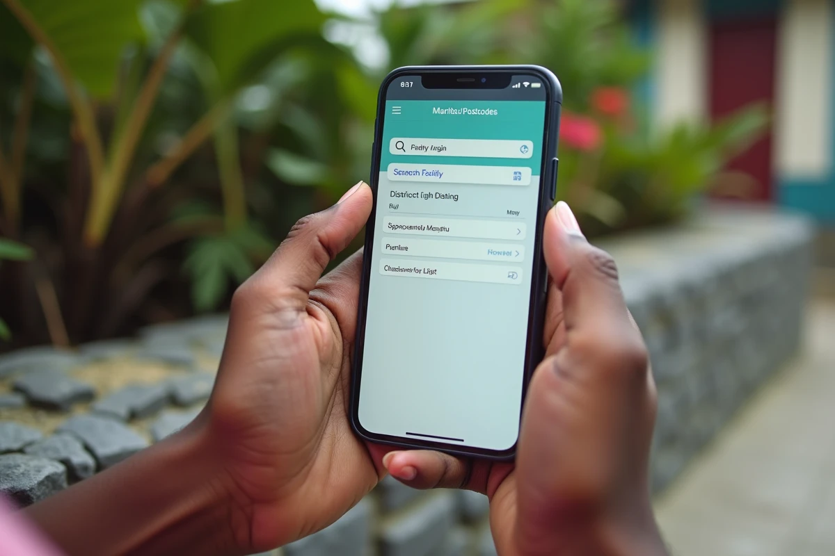 Mains tenant un smartphone affichant un site de vérification de codes postaux de l'île Maurice en extérieur