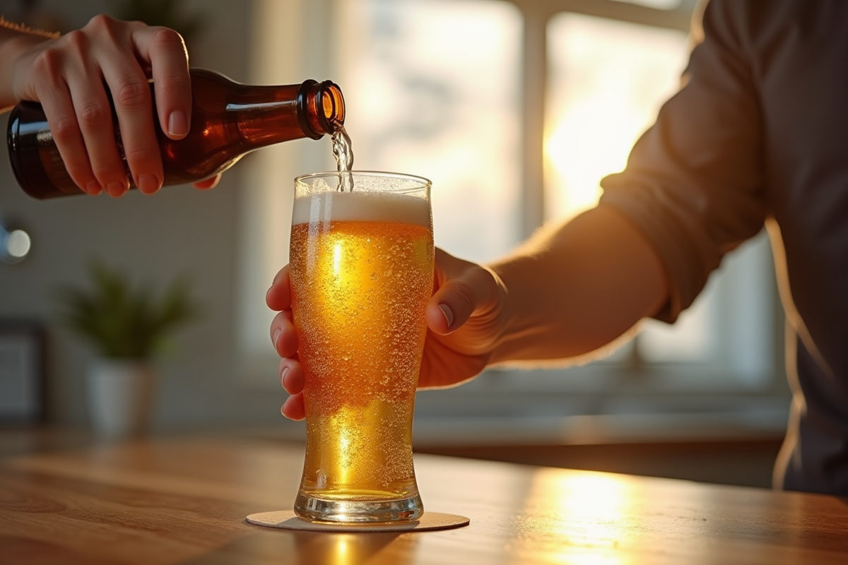 Main versant une bière sans gluten dans un verre avec condensation