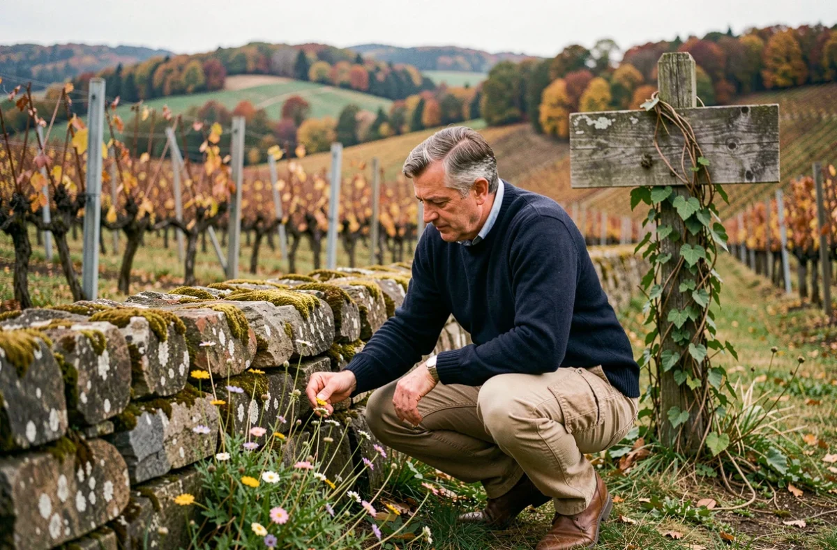 Homme explorant des terrasses viticoles oubliées en Alsace entourées de feuillages automnaux sans touriste