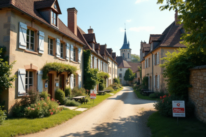Village français avec maisons à vendre et mairie en arrière-plan