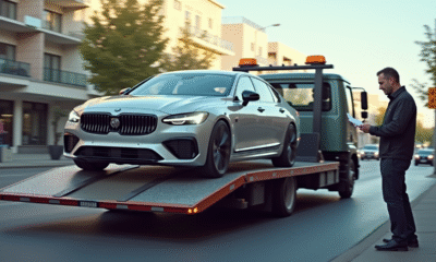 Voiture moderne chargée sur une dépanneuse en ville en journée