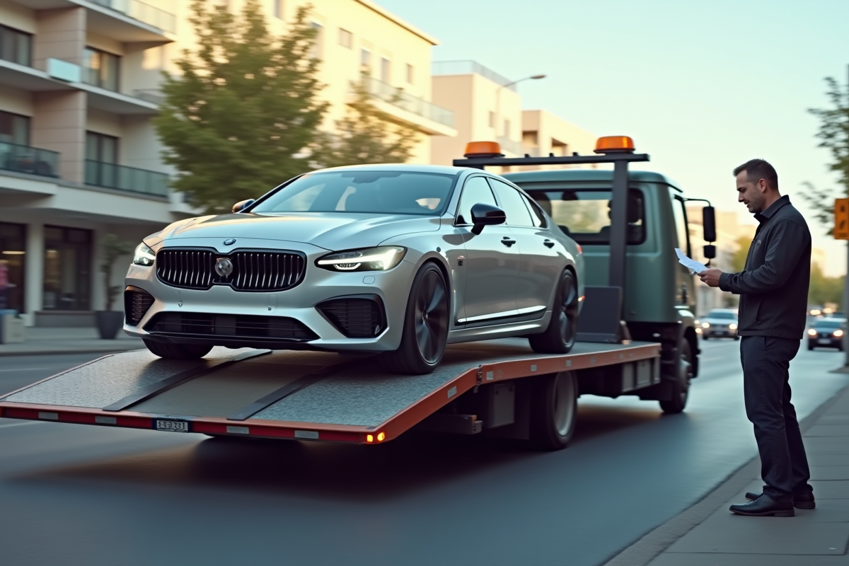 Voiture moderne chargée sur une dépanneuse en ville en journée