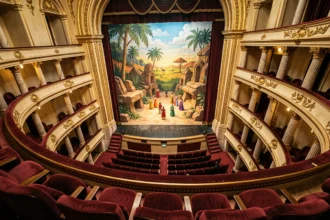 Vue depuis le balcon supérieur d'un grand théâtre parisien avec scène africaine colorée du Roi Lion en arrière-plan