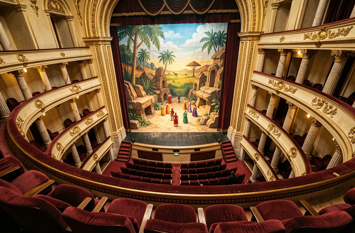Vue depuis le balcon supérieur d'un grand théâtre parisien avec scène africaine colorée du Roi Lion en arrière-plan