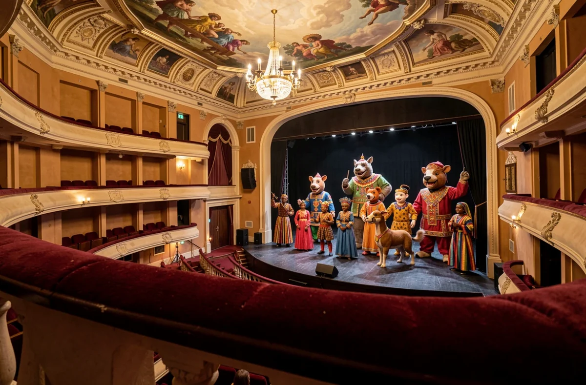 Vue depuis une place de mezzanine intermédiaire au théâtre Mogador avec les costumes et marionnettes du Roi Lion visibles sur scène