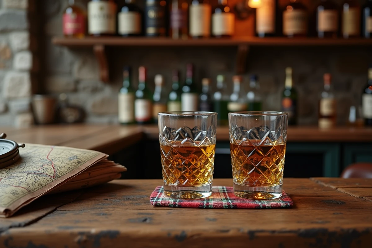 Deux verres de whisky écossais posés sur un comptoir de pub maritime en bois usé, avec carte nautique et boussole vintage en arrière-plan, ambiance Loch Lomond